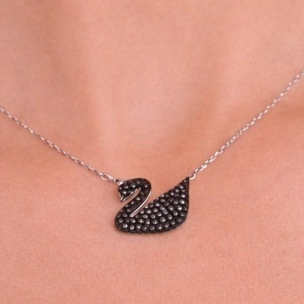 Swarovski Iconic Swan Pendant Necklace Black Crystal Rhodium Plated